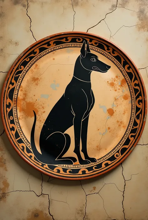 a graphic, cracked plate with a dog in the middle in the ancien Greek style