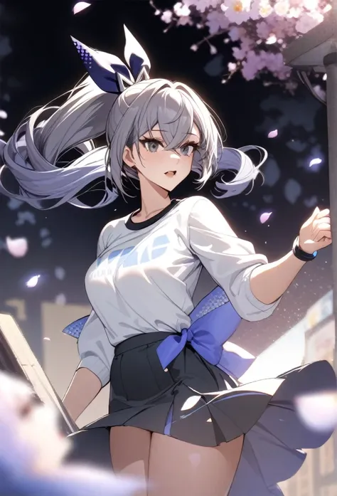 masterpiece, best quality, very aesthetic, absurdres, 1girl, mature_lady,  ,silver_wolf, gray eyes, high ponytail,,surrounding by flowers,falling_petals, outdoors, petals,,,blur background,background defocus,floating hair,