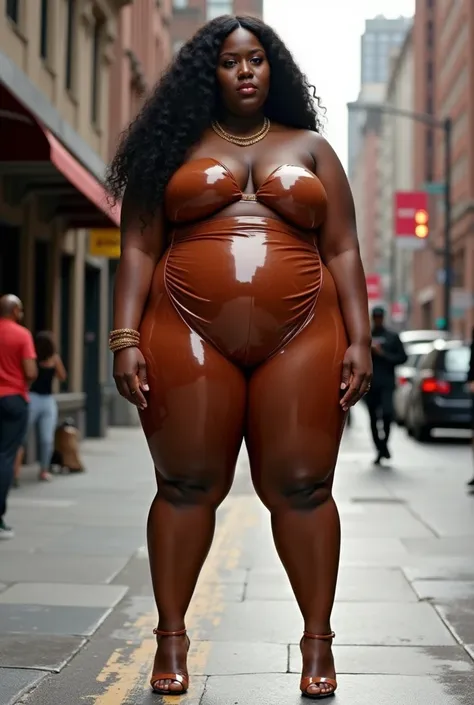 EXTREMELY MASSIVE BUTTOCKS, translucent plastic leggings, ultra HD, , city sidewalk, fully body,in the position of roast chicken best quality, stylish hair, High resolution image, She is a dark skinned, melanin queen with a paper thin waist..