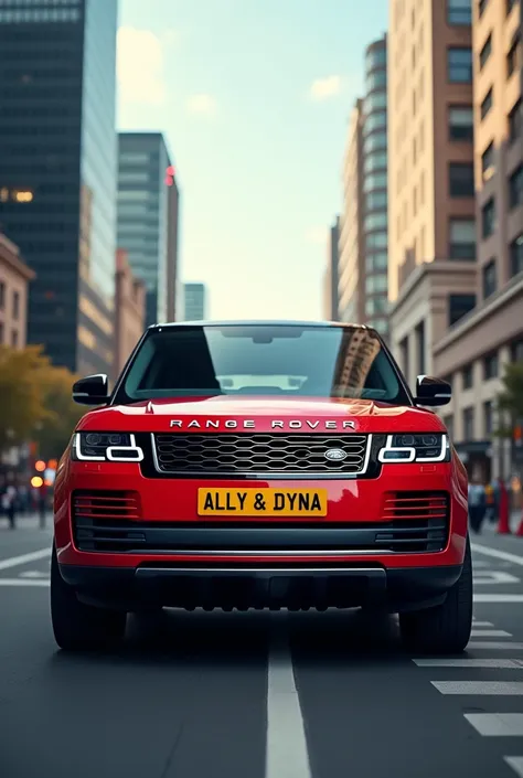 Create a red Range Rover with a yellow license plate that reads ALLY & DYNA."Capital letter