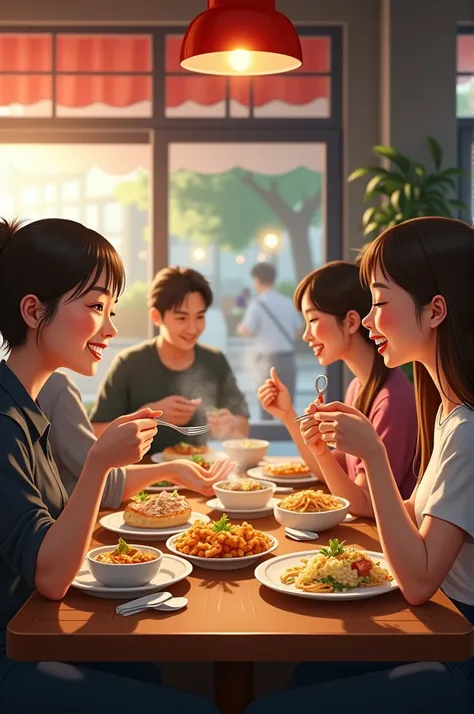 A realistic advertisement of a  restaurant in student area, that tells people to come and eat a delicious meal from mikuns place, with people eating and enjoying their meal with smiling face 