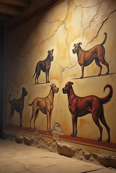 graphic, cracked wall, in the ancient Greek style, with Greek paintings with dogs