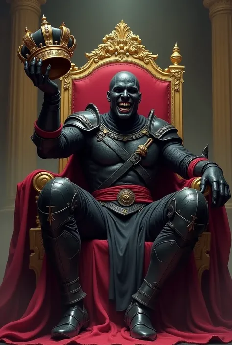 A thief in black armor and red bandages on his arms and waist sitting on the King&#39;s chair with his crown in his hand laughing, dark.