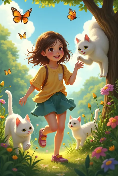  Bency brown hair brown eyes loves animal she have white cat and play with cat
Bency go in garden with white cat an run 
Bency play with butterflies and cat looking her
Cat like butterflies and run for catche the butterflies 
Cat want to play with butterfl...