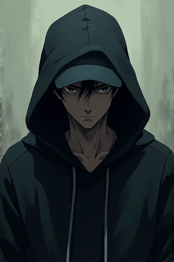 Man wearing hoodie and cap hiding upper face in anime manga style