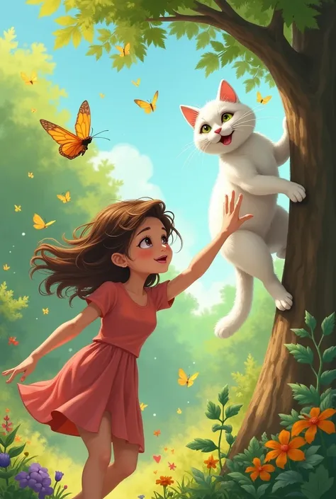  Bency brown hair brown eyes loves animal she have white cat and play with cat
Bency go in garden with white cat an run 
Bency play with butterflies and cat looking her
Cat like butterflies and run for catche the butterflies 
Cat want to play with butterfl...