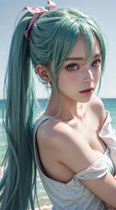 (Hatsune Miku character), Shiny light green hair, Long hair and ponytail, whole body, girl, Perfect body, Perfect Anatomy, double eyelids, Moderate bust, Highly detailed skin texture,(Photorealistic Skin), Ultra detailed face, Thick pink lips, Wet Skin, Hy...