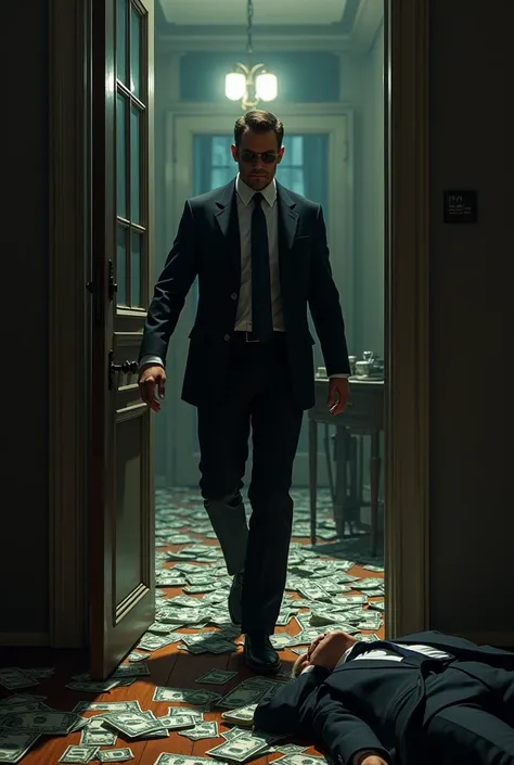 A man in a black suit is coming out of the door and there is money scattered on the floor and a dead body of a man is lying on the floor