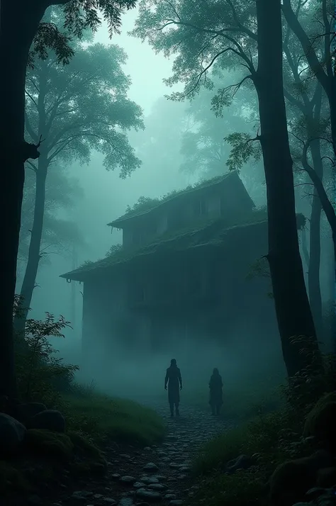 Haunted Forest Scene: An eerie, dense Indian forest at dusk, shrouded in mist with tall, ancient trees. In the foreground, a dilapidated colonial-era dak bungalow is visible, partially hidden by overgrown vegetation. The atmosphere is dark and ominous, wit...