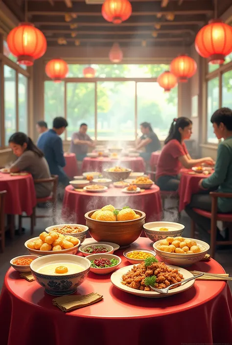 There are various breakfast tables on the breakfast restaurant tables in Taiwan, with an empty space in the middle.