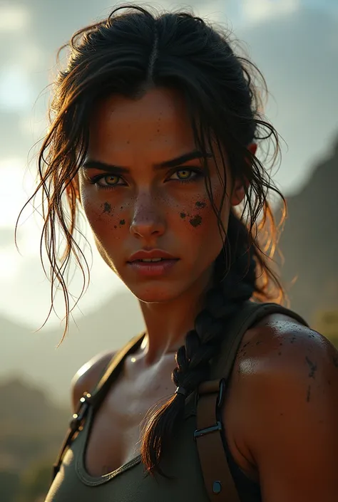 Close-up shot from a very low angle as if the person is on top of the photographer, capturing a dynamic and intense expression of Lara Croft with tousled hair, sweat glistening on her skin, and dirt smudges on her face and clothes. The sunlight shines from...