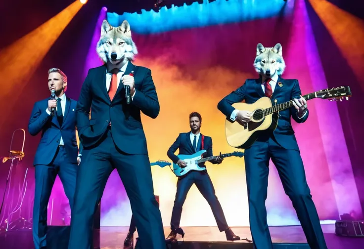 Group portrait, 4 members, 4 men, white wolf face, business suit, on live stage, guitar, dynamic angle,