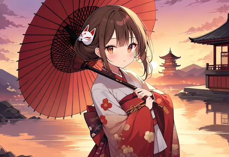 Oriental feel,Wearing a kimono,female,red eyeshadow,brown hair,Oriental Umbrella,Sunset scenery,Fox Mask