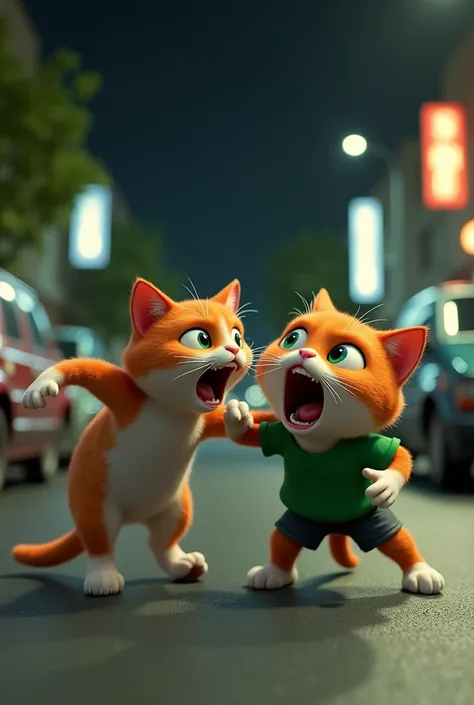 In cinematic 3d style,,cartoonish white and orange mix cat, green eyes in a green shirt and black paint, empression angry mouth open.
Action;
Action;It is night time,There are cars parked on the sides.A big man kicked in the stomach by an angry faty woman ...