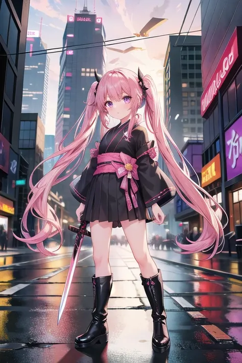 A petite girl with a Western look and beautiful features.　He is holding his sword with a sharp look in his eyes.　Pink hair in twin tails　Black yukata with black frills　Dark brown boots　The background is a cyberpunk cityscape