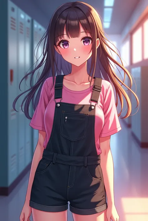 beautiful anime girl in a pink shirt and tight black denim overalls with straps in full growth against the background of a school 