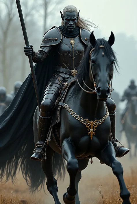 a male dark elf adult with obsidian black skin 1, wearing polished black plate armor and long silver hair with burgundy eyes, riding black fresian stallion, charging an unseen enemy with his lance lowered and his shield raised to protect himself Fantasy, h...