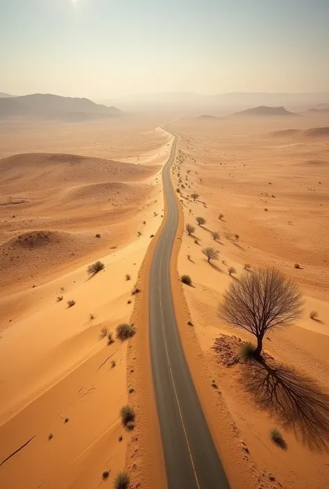 A desert landscape in Syria photographed from above. In the middle is a street. Which is partly covered with sand. There are isolated dried bushes to be seen