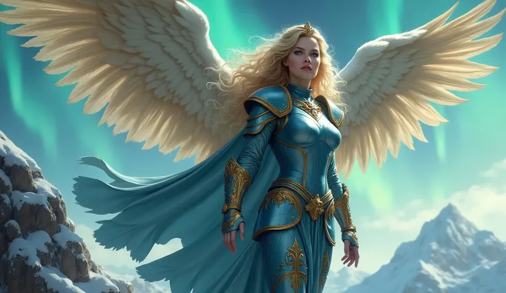 BOMBSHELL WINGED BLONDE WOMAN FLOATING OVER A ROCK, HUGE LONG BEIGE WINGS, BEIGE FEATHERS, WARRIOR FEMALE, VERY PALE SKIN, TURCOISE BLUE EYES, LOOKING UP, HIGH CHEEKBONES, ROSY CHEEKS, MENTAL FORAMEN, HUGE LONG CURLY HAIR, VERY VOLUMOUS HAIR, GOLDEN TIARA,...