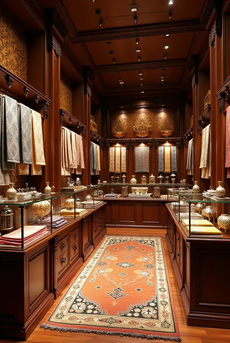 a full picture of a luxury shop that sell woven songket fabrics, woven songket tengkolok or tanjak, woven songket hand bag and woven sejadah