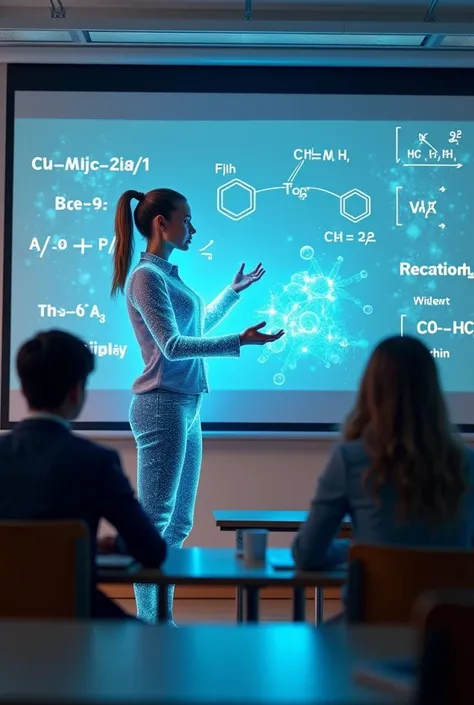 Mrs. Virtual  Reality in feminine form teaching chemistry equations in class on smartboard and a kids learning from him