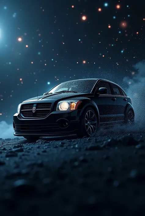 Black 2011 Dodge Caliber in space where you can see the constellations and have Wendy I love you written on the glass in 3D  