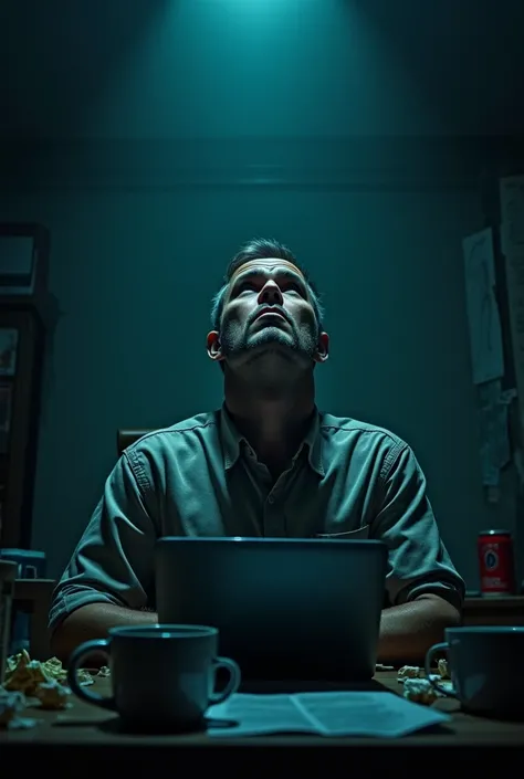 Bored man looking on ceiling after long session of tik tok scrolling, he looks depression, desk, dark room, unhealthy look