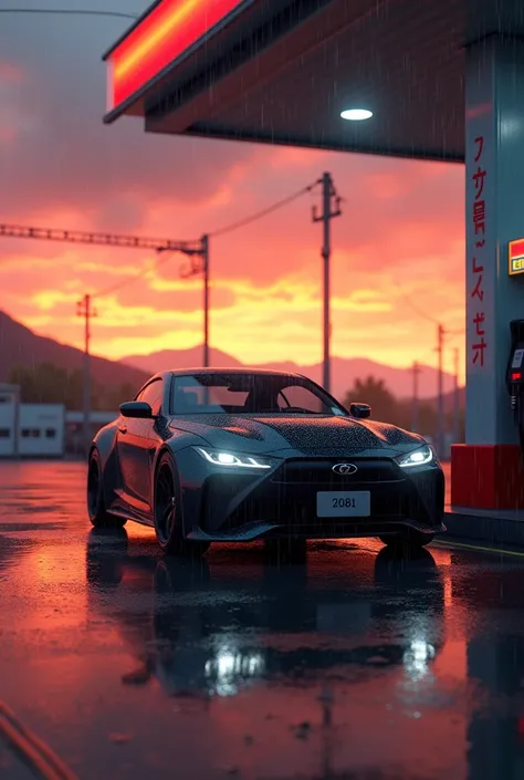 Make a image of Japanese car which is standing in fuel station opposite of fule machine  and there Sunset and rain as well make it realistic 