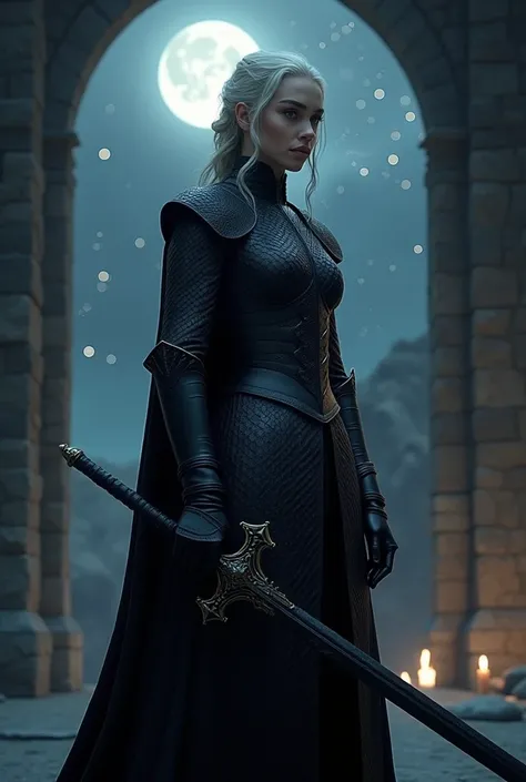 ((best qualityer)) , (detailded),rhaenyra realista , gorgeous face, black dragon armor, Black Sword, , best qualityer, Closed environment, night ambience, ......moonligh, stars in the sky, Masterpiece artwork, high resolution, 8k, hyper-realistic image, pr...