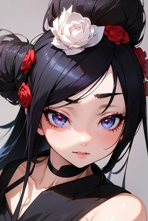 anime girl with long black hair and a white dress with red roses, tatoo, beautiful detailed eyes, Guweiz, guweiz on pixiv artstation, detailed anime digital art, Cute anime girl, Guweiz on Artstation Pixiv, anime style 4k, personal, cute anime portrait, de...