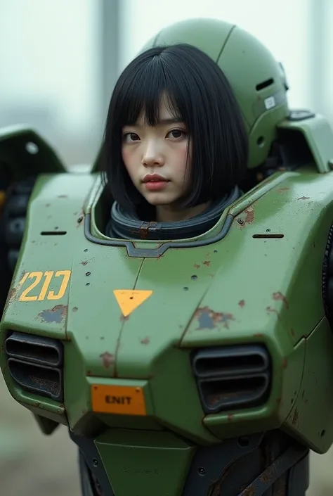 ８ｋ,Realistic skin texture、Superrealism、Realistic photo、A Japanese female pilot sits in a cockpit installed in the chest of a large robot.、Black Hair、Bobcut、Beautiful woman、Moss green combat armor robot、Near future、Unit Paint and Identification Number、oil s...