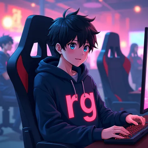 A boy playing game in hoodie and this image will appear on his hoodie near right chest. And behind many lights glowing and he is setting on a gaming chair and RG written on his hoodie ( R in red color and G in white color) anime character
