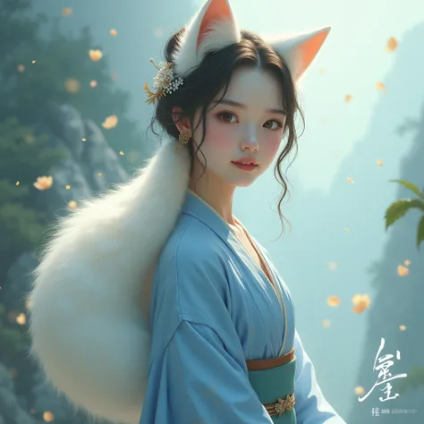 1girl, white fox kitsune, 1 tail, brown eyes, blue kimono