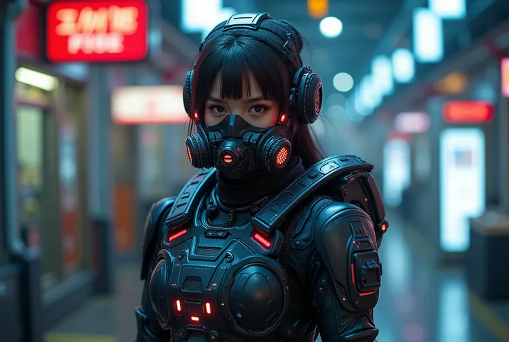 (best quality), future, 1girl, solo, miko motif exoskeleton suit, led, gas mask, holding blade, machinery, digital engraving, ultra highres, absurdres, deep glow effect, hdr, light particles, cinematic lighting, depth of field