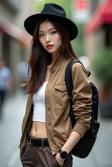 A beautiful woman, clean white skin, perfectly maintained face, long straight messy hair wearing a black hat, jaket bomber coklat muda. Celana  cropped  coklat tua banyak sakunya. white undershirt, black belt, cool black watch, backpack.. Style ala korea, ...