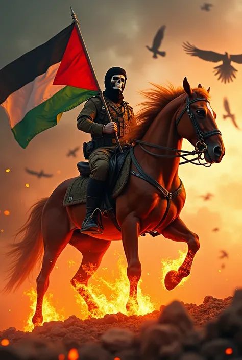 A military man with big muscles riding a burning horse carrying palastine flag background flame and many eagles the man wore skeleton musk the horse is with and burning in flames