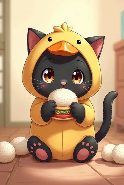 British Shorthair，Anime Touch，Baby Cat，Black cat，Cat in a duck costume、Eating a sandwich、Eating rice balls