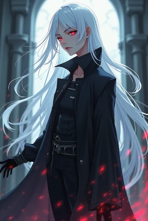 An androgynous man, with long white hair, Eyes red, slim body, wearing modern clothes, in anime style.