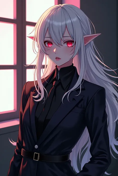 An effeminate looking man, with long white hair, Eyes red, slim body, wearing modern clothes, in anime style.