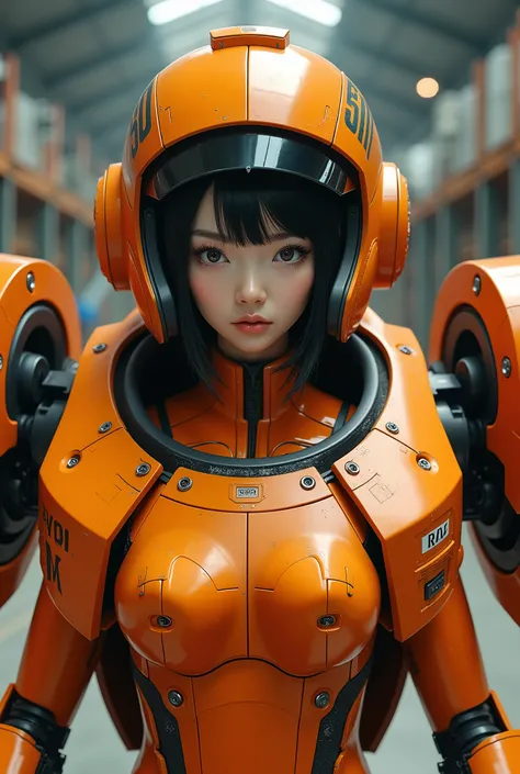 ８ｋ,Realistic skin texture、Superrealism、Realistic photo、A Japanese female pilot sits in a cockpit installed in the chest of a large robot.、Black Hair、Bobcut、Beautiful woman、Orange fighting robot、Hero anime-like design、Cyberpunk、Unit Paint and Identification...