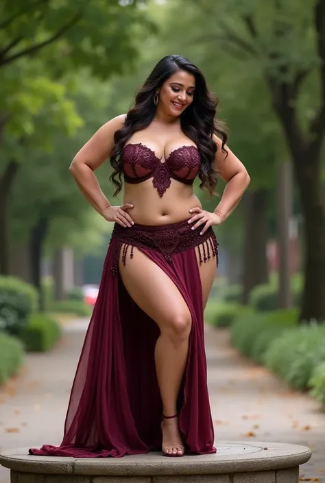 A very big curvy chubby plus size arabian bellydancer woman of 30 years old with extra very thick thighs and extra very wide hips wearing a burgundy latex mini skirt with slit and high heel shoes, bellydancing right straight on a small stone structure in a...