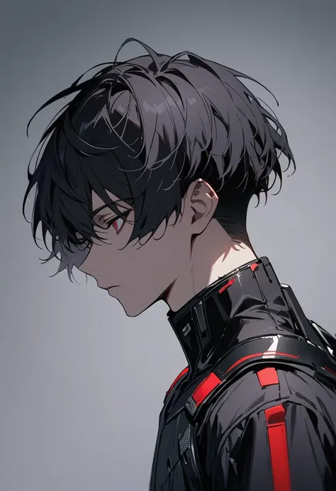 1 man, masterpiece, Highest quality, Beautiful Boy, Expressionless, Jet Black Hair, Short Hair, Red-black eyes , Black tech suit, Cyberpunk, uniform, Gray background, anime