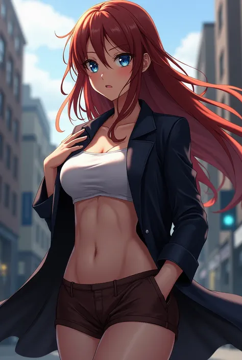 makise kurisu from steins gate anime, , high, European appearance, big Blue eyes, plump lips, double eyelids, Beautiful face, Anatomically correct, Unusual makeup, Whole body, Textured leather, looks at me, in shorts, in a overcoat, overcoat is slightly ra...