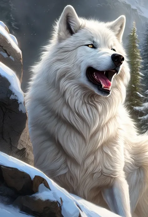 (masterpiece:1.2, Highest quality:1.2, ), 8k, Super detailed, masterpiece, Highest quality, White Wolf, beautiful white body hair, Realistic fur shine, Eyes shining gold, From the top of the rock, Jumping on the audience:1.5, Open your mouth, Sharp fangs lined up