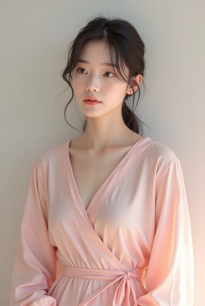 a young asian woman in a pink shirt and panties standing in front of a, pink shirt, wearing a blouse, light pink, gorgeous young korean woman, korean girl, wearing a light shirt, clothed in white shirt, wearing in shirt, tied - up shirt, korean womens fash...