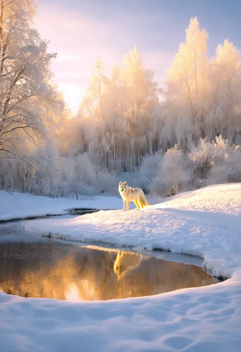 masterpiece,white wolf, winter, snow, Surrealism,Increased resolution,RAW Photos,Best quality,Very detailed,Light,Ray Tracing,Golden Ratio), drop shadow, anaglyph, stereogram, tachi-e, atmospheric perspective, wide shot, reflection light, 8K, super detail,...