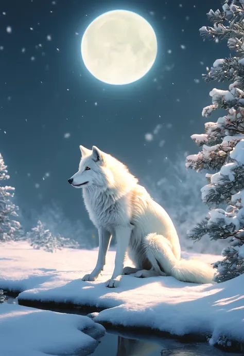 masterpiece,white wolf, winter, snow, Surrealism,Increased resolution,RAW Photos,Best quality,Very detailed,Light,Ray Tracing,Golden Ratio), drop shadow, anaglyph, stereogram, tachi-e, atmospheric perspective, wide shot, reflection light, 8K, super detail,...