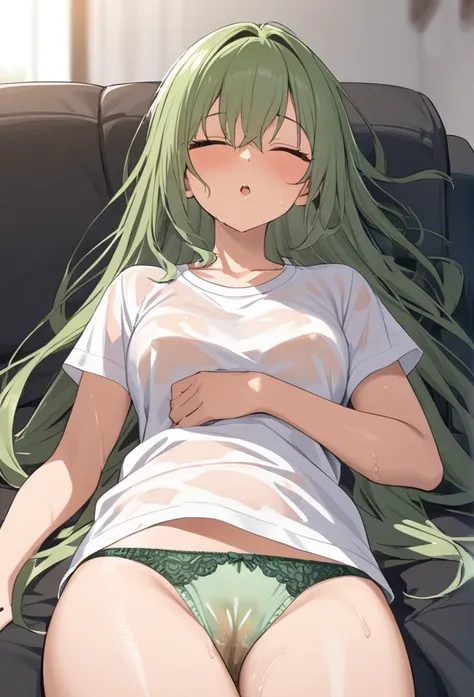 A woman taking a nap on the sofa with her mouth open，See-through T-shirt，Moss green panties、Wet crotch from peeing