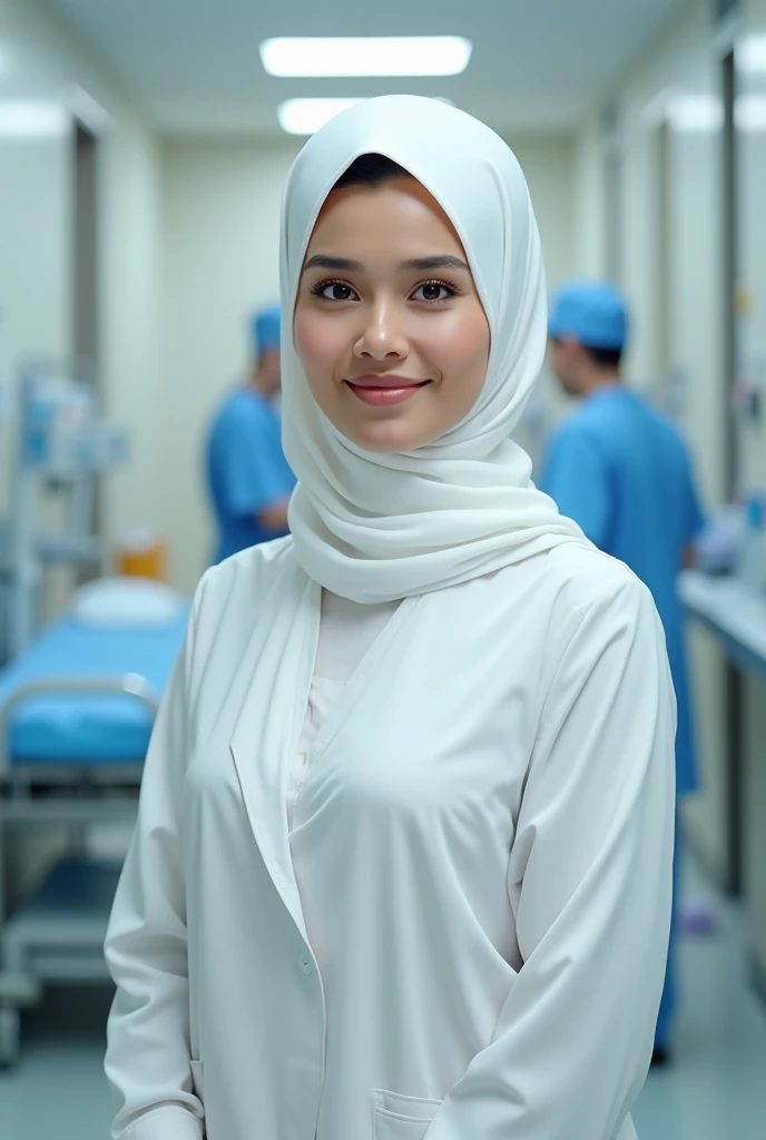 Photorealism 1.3 realism high quality epic realism realistically Malay adult women wearing white hijab nurse attire at hospital