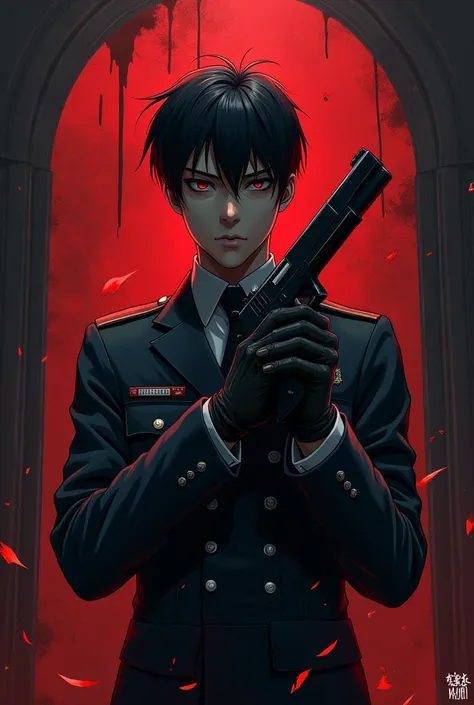 Create a BAD_GAMING_005 YouTube channel with logo of boy in hand gun . The face of boy is coverd. The boy is military officer. In anime type. With blood. The name of BAD_GAMING_005 in the background